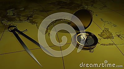 Brass compass on a world map background. 3D rendering Stock Photo