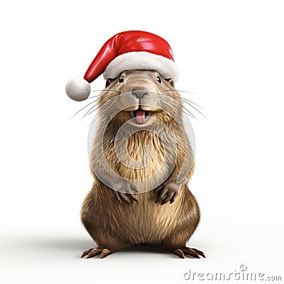 Realistic 3d Rendering Of Beaver Wearing Santa Hat Stock Photo