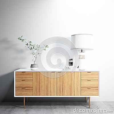 Realistic 3D rendering of a drawer cabinet with an indoor plant and a white lamp on top Stock Photo