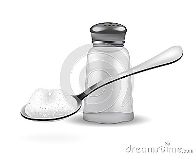 Realistic 3d salt shaker and spoon with salt. Isolated on white background. Glass jar for spices. Ingredients for Vector Illustration