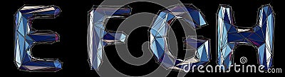 Realistic 3D set of letters E, F, G, H made of low poly style. Collection symbols of low poly style blue color glass Stock Photo