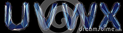 Realistic 3D set of letters U, V, W, X made of low poly style. Collection symbols of low poly style blue color glass Stock Photo