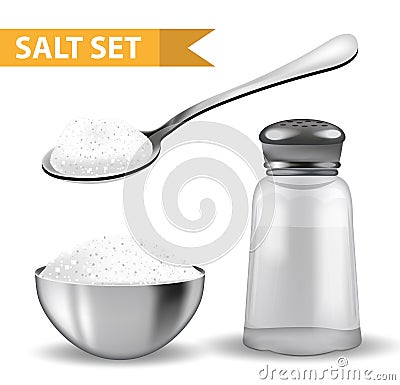 Realistic 3d set with salt shaker, spoon of salt, steel bowl. Isolated on white background. Glass jar for spices Vector Illustration