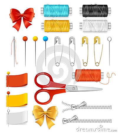 Realistic 3d Sewing Tools Accessories Set. Vector Vector Illustration