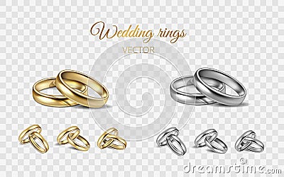 Realistic 3D shining set of wedding gold, silver, platinum rings. Two metal rings on transparent background isolated for Vector Illustration