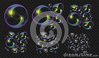 Realistic 3d soap bubbles and blobs break deformation. Glossy spheres with reflection. Transparent bath foam water Vector Illustration