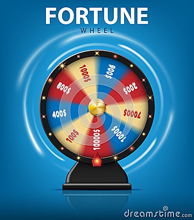 Realistic 3d spinning fortune wheel on blue background. Lucky roulette for online casino. vector illustration Vector Illustration