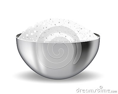 Realistic 3D steel bowl with salt. Iron deep plate with flour or sugar. Isolated on white background. Ingredient for Vector Illustration