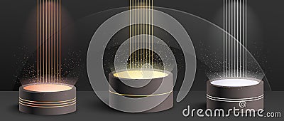 Realistic 3d studio with three vector podiums with bronze, silver and gold glowing, award background with places for first, second Vector Illustration