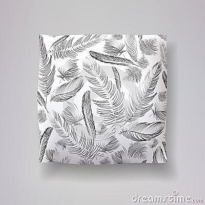 Realistic 3d throw pillow models with hand drawn feather print. Apartment interior design elements. Vector cushion. Vector Illustration