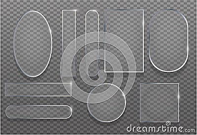 Realistic 3d transparent glass set vector illustration. Reflection frame texture glossy banner with shadow. Shiny clear mockup tem Vector Illustration