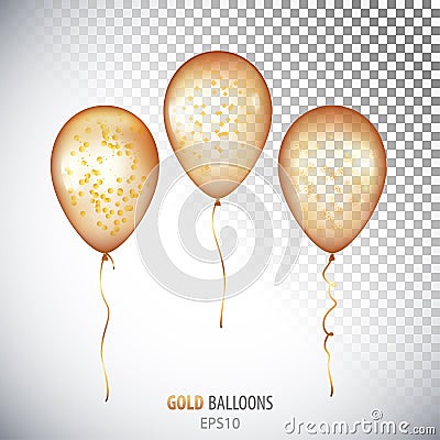 Realistic 3D transparent Gold helium balloons with confetti isolated on white background. Vector Illustration