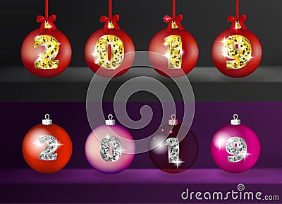 Realistic 3d Vector Christmas Balls with Golden 2019 Numbers Vector Illustration