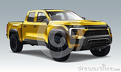 Realistic 3D vector yellow pickup four doors black wheels on blue background Illustration Vector Illustration