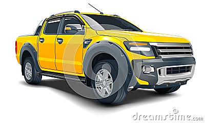 Realistic 3D vector yellow pickup four doors on white background Vector Illustration