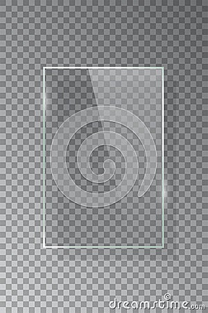Realistic 3d vertical rectangular glass frame isolated on grey transparent background. Creative border plate object Vector Illustration