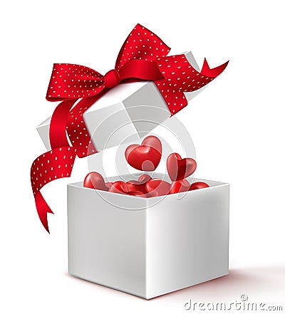 Realistic 3D White Gift Box with Balloon Hearts Inside Vector Illustration