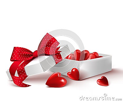 Realistic 3D White Gift Box with Balloon Hearts Inside Vector Illustration