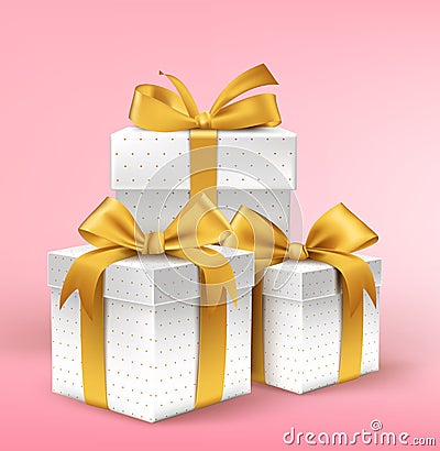 Realistic 3D White Gifts with Colorful Gold Ribbons Wrap with Dotted Pattern for Birthday Vector Illustration