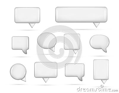 Realistic 3d white speech bubble text, message box, chatting box. Decorative 3d element, chat dialogue icon, empty speak bubble Vector Illustration