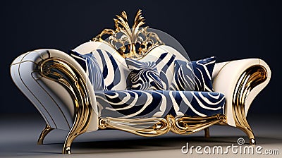 Realistic 3d Whiteblue Zebra And Gold Sofa With Opulent Animal Motifs Stock Photo