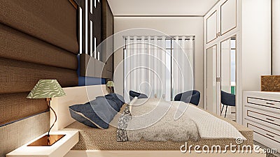 Realistic dark brown bedroom interior with storage and backlight 3d rendering Stock Photo