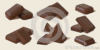 Realistic dark and milk chocolate bar pieces and chunks. 3d bitter cocoa candy, sweet brown bubble chocolate block Vector Illustration