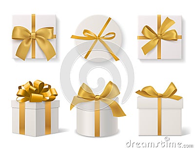 Realistic decorative gift boxes. 3d gifts white cardboard packaging templates, golden ribbons and bows top and side view Vector Illustration