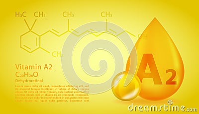 Realistic A2 Dehydroretinol Vitamin drop with structural chemical formula. 3D Vitamin molecule A2 Dehydroretinol design Vector Illustration