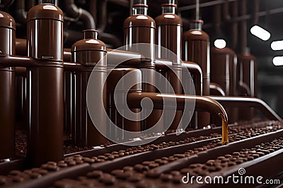 A realistic depiction of a chocolate factory with liquid chocolate flowing through pipes and molding machines Stock Photo