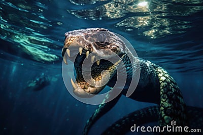 Realistic depiction of a menacing mosasaur emerging in the deep underwater world. Generative AI Stock Photo