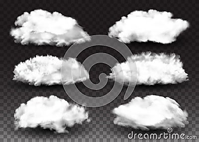 Realistic Design Elements. Set of Fluffy white Clouds. Smoke Effect. Vector illustration Isolated Transparent Background Vector Illustration