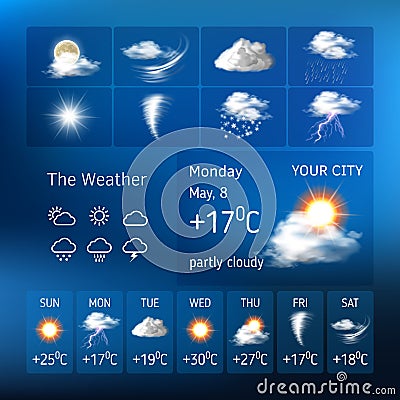 Realistic design for a mobile weather forecast application Vector Illustration