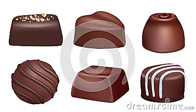 Realistic dessert. Chocolate sweets with cacao and jam delicious dark candies decent vector colored set isolated Vector Illustration