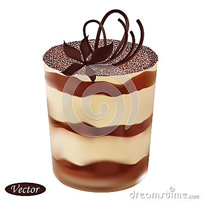 Realistic dessert tiramisu in a glass on a white background Vector Illustration