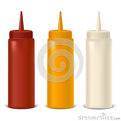 Realistic Detailed Bottle Set for Sauce, Mustard and Ketchup. Vector Vector Illustration