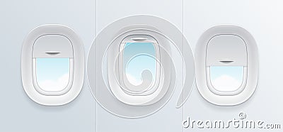 Realistic Detailed 3d Airplane Window with Blue Sky View Set. Vector Vector Illustration