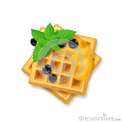 Realistic Detailed 3d Belgian Waffle and Green Leaves Peppermint. Vector Vector Illustration