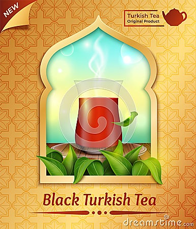 Realistic Detailed 3d Black Turkish Tea Original Product Concept Background. Vector Vector Illustration