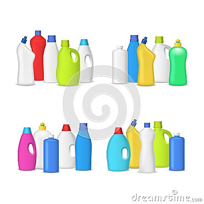 Realistic Detailed 3d Blank Detergent Bottles Template Mockup Group. Vector Vector Illustration