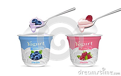 Realistic Detailed 3d Blueberry and Raspberry Taste Yogurt with Spoon Set. Vector Vector Illustration