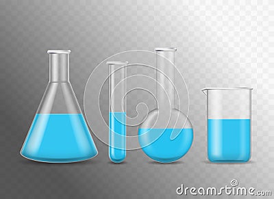 Realistic Detailed 3d Chemical Glass Flasks Set. Vector Vector Illustration