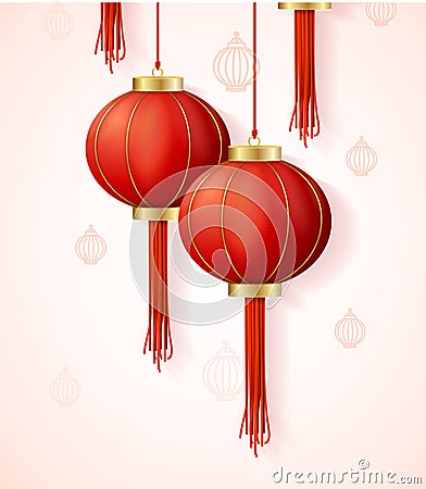 Realistic Detailed 3d Chinese Red Paper Lantern Set. Vector Vector Illustration