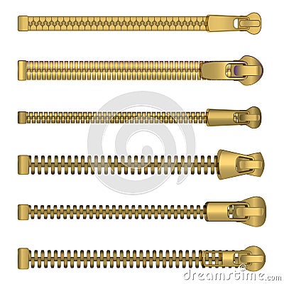 Realistic Detailed 3d Clothes Yellow Metal Zipper Set. Vector Vector Illustration