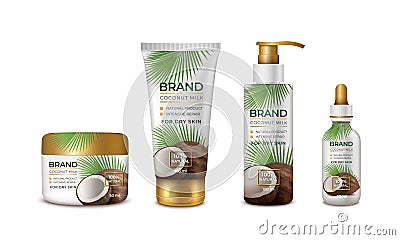 Realistic Detailed 3d Coconut Natural Cosmetic Bottle Set. Vector Vector Illustration