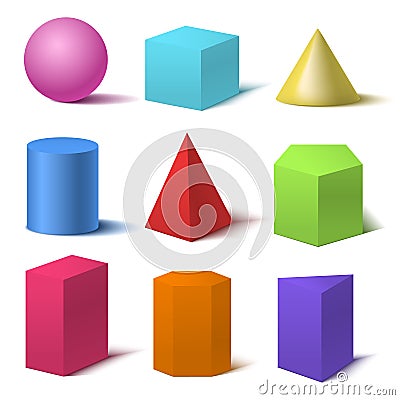 Realistic Detailed 3d Color Basic Shapes Set. Vector Vector Illustration