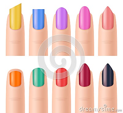 Realistic Detailed 3d Color Nail Forms Set. Vector Vector Illustration