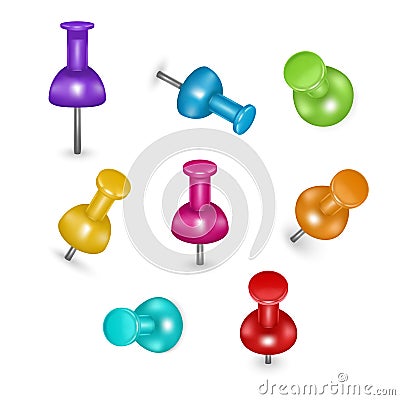 Realistic Detailed 3d Colorful Push Pins Different Angles Set. Vector Vector Illustration