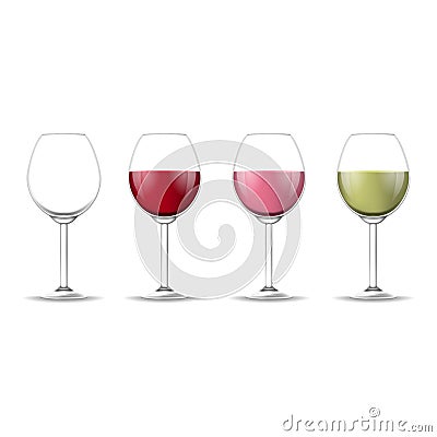 Realistic Detailed 3d Different Types Wine Glass Set. Vector Vector Illustration