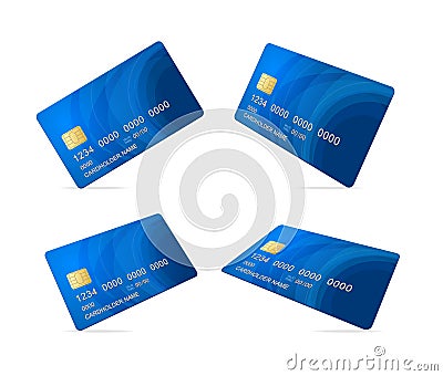 Realistic Detailed 3d Falling Blue Credit Debit Card Mockup Set. Vector Vector Illustration